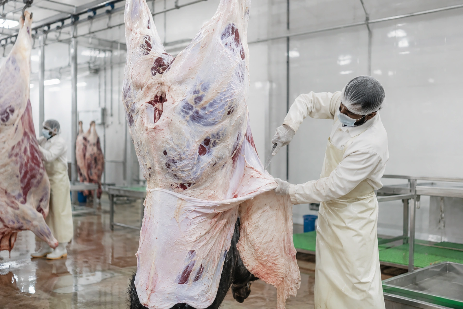 Carcass grading, hands and stamp visible